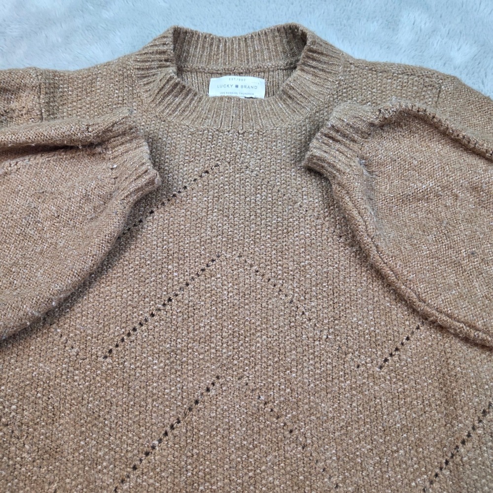 Lucky Brand Sweater Womens XS Brown Chevron Pointelle Knit Puff Sleeve Pullover